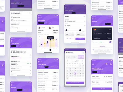 Lonico Loans - iOS App Screens app branding calendar chart credit card date picker design diagram filter finance interface ios iphone light loan material mobile money ui ux