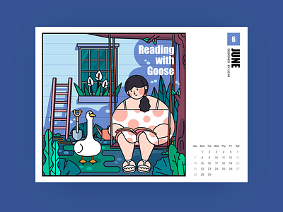 Bird Series-Reading With Goose backyard bird book calendar design girl goose illustration june ladder lily pet photoshop pipe reading shovel summer swing tree window