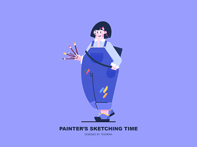 Painter's Sketching Time brush color girl illustration jeans paintbrush painter photoshop pigment sketch