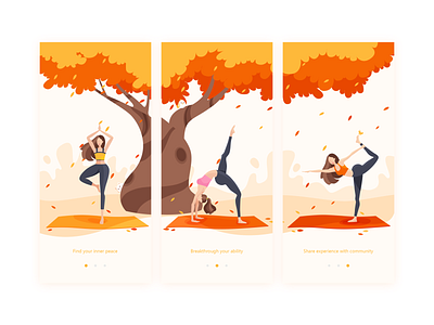 Guide Pages for a Yoga App app autumn design falling leaves girl guide page illustration photoshop tree ui yoga