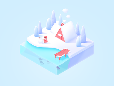 Cabin By Lake 2.5d cabin design dock fish forest illustration isometric lake photoshop snow snowman water winter woods