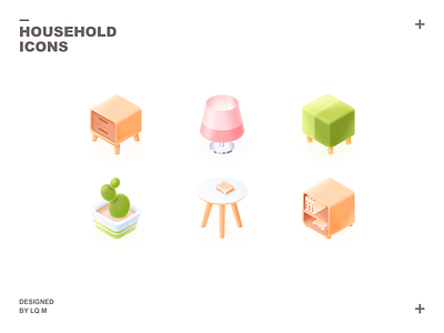 Isometric Household Icons 2.5d bedside table bookcase cactus furniture icon isometric isometric icons lamp photoshop plant side table stool table ui