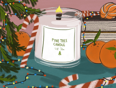 Candle art books digital drawing fairy lights illustration merry christmas orange pine