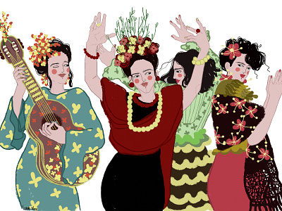 Mexican art dance drawing flowers happy illustration mexican music women