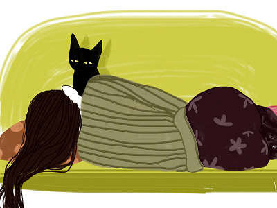 Sleep art black cat digital drawing girl illustration sleep