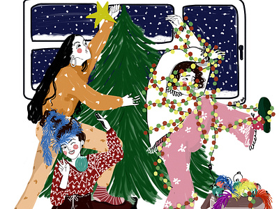 Christmas tree art digital drawing happy illustration merry christmas tree women