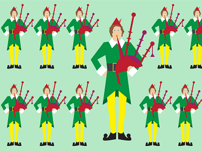 11 Pipers Pipping 12 days bag pipes buddy christmas elf green illustration red vector yellow