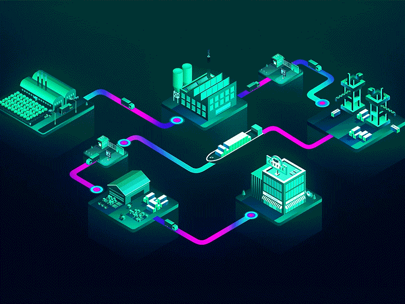 IOTA Supplychain after effects animation blockchain coffee bean factory glow industry internet of things iot iota isometric motion design motion graphics neon light payment pop up shipping supplychain tangle