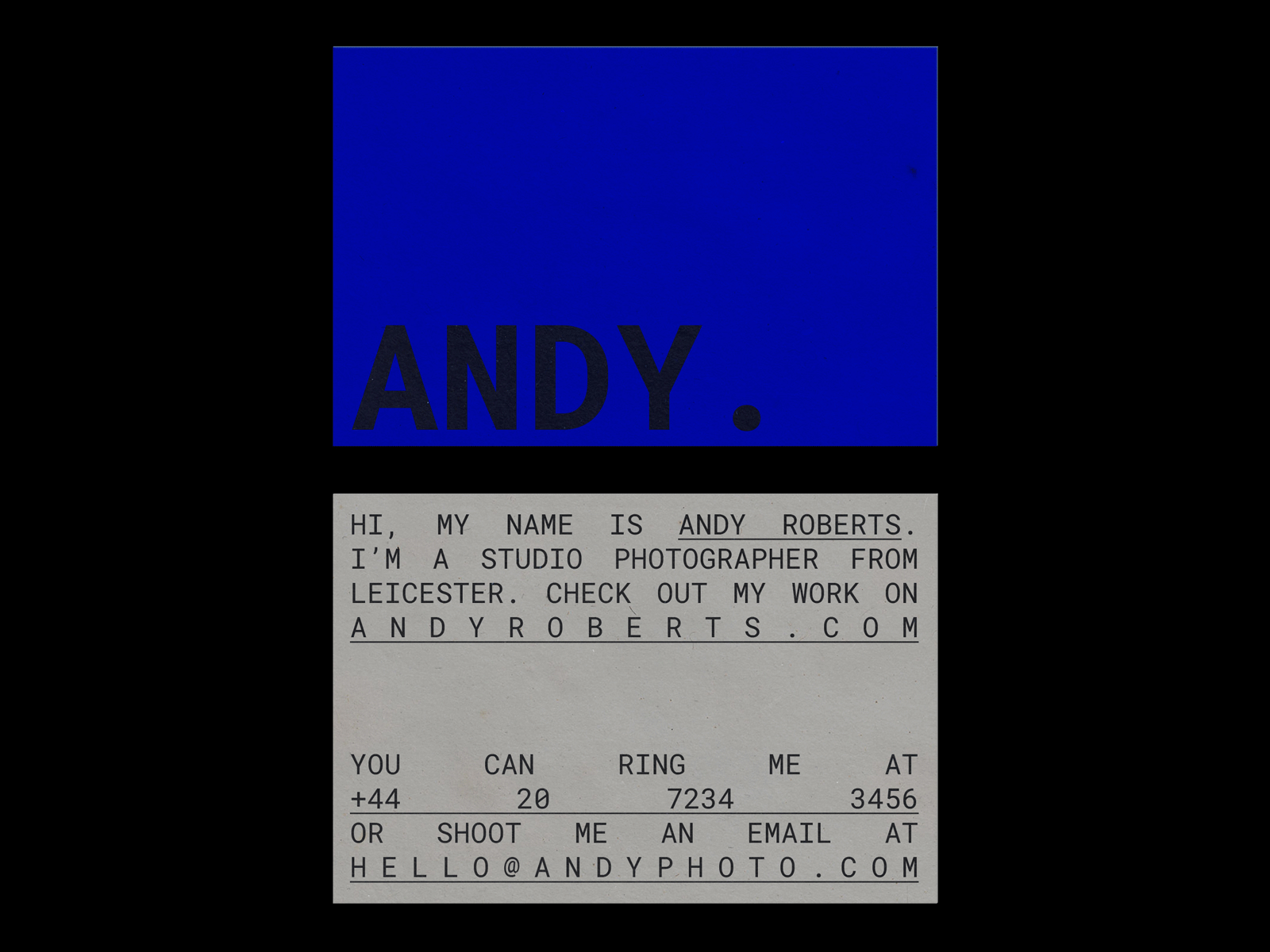 Andy aesthetic black blue business card card clean communication design grays minimal photoshop poster print roboto simple swiss type typography visual