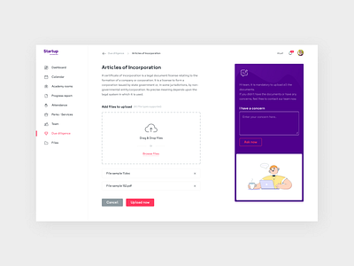 Essential files submission screen for a Startup incubator - Web