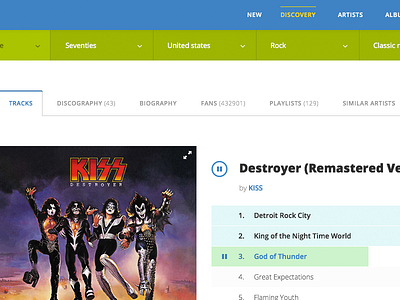 Music discovery concept album discovery filter list music navigation player sidebar stream tabs tracks