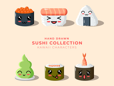 Sushi Collection Kawaii Character cute cute design doodle art flat flat vector illustration kawaii kawaii art kawaii design sushi