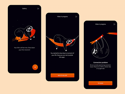 Slowify app illustrations animal animation app application character dark design illustration interface minimal mobile mobile ui product design simple sloth ui user interface ux vector