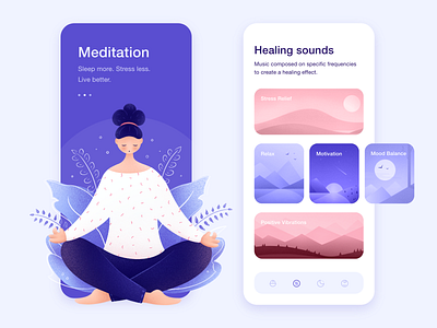 Meditation app app character character design design health illustration interface lifestyle meditation app minimal mobile mobile ui product design relax self care sounds ui user interface design ux woman