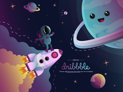 Space trip art astronaut design first shot flat design hello dribbble illustration illustrator planet rocket space stars vector