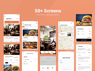 Restaurant/Food app UI kit android apple brand identity design detailed fonts food geo listing mobile mobile app mobile ui payment restuarant roboto screens ui ui8 ui8net