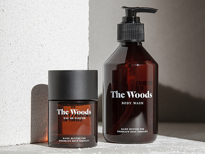 The Woods — Packaging: Eau De Parfum + Body Wash black brown cosmetics dark font minimalism minimalistic packaging typo typography white