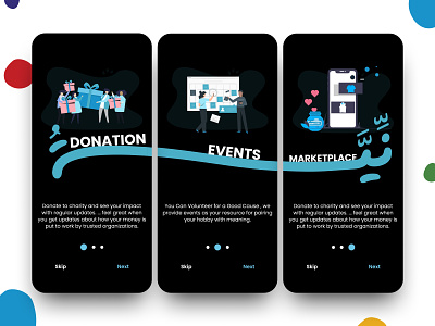 Neya app | charity colorful dark dark mode dark theme donation icon illustraion product ui uidesign uiux