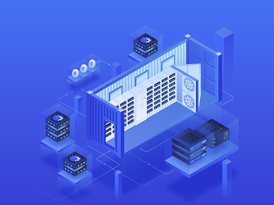 Data center. Cryptocurrency Isometric Illustration 3d bitcoin center classy coin container cryptocurrency data design gradient homepage illustration isometry miner mining modern neon server technology ui