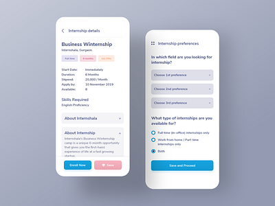 Internship details and Preference (Internshala Redesign) app app design internshala internship job job listing redesign screen