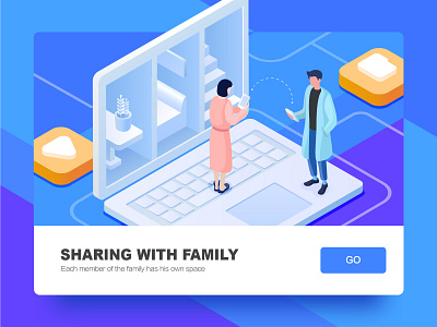 Sharing with family 2.5d blue branding clean computer connected default design isometric room share