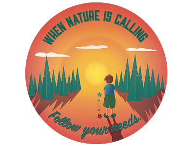 when nature is calling adobe illustrator boy character detailed flower gradient grain illustration nature pee peeing shadows sunset trees vector weekend
