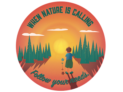 when nature is calling adobe illustrator boy character detailed flower gradient grain illustration nature pee peeing shadows sunset trees vector weekend