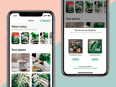Potted In-app Purchases app design garden gardening ios iphone mobile plants potted reminder ui ux water wip