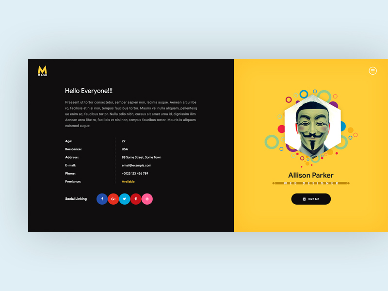 Mask - Personal CV, Resume, Portfolio & vCard PSD Template by winsfolio ...