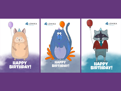 Birthday Cards animal baloon cat character cute design hamster happy birthday illustration raccoon