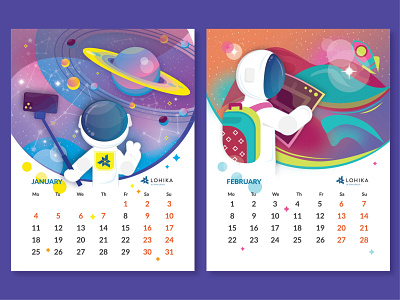 Calendar 2021 2021 branding calendar design february flat illustration january saturn selfie simple space spaceman