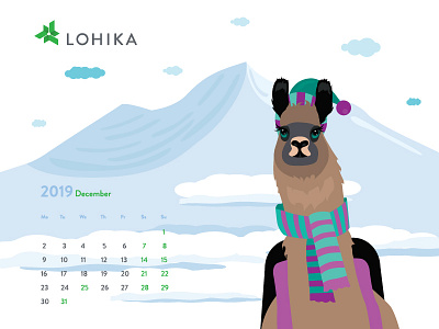 December 2019 calendar with lama 2019 animal calendar cartoon character cold concept december everest flat funny illustration lama mountains simple snow vector