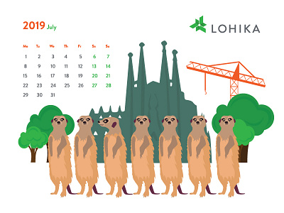 Barcelona view with calendar 2019 animal barcelona calendar card cartoon character concept flat fun funny illustration joke july simple urban vector view