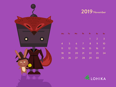 Funny calendar with robot 2019 calendar 2019 cartoon character concept flat fox funny illustration nowember rabbit robot simple vector