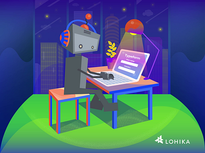 Robot with computer animation computer concept creative design flat gif illustration modern robot simple ster trendy typeform vector view violet working place