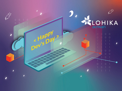 Happy Dev's day computer concept design developer flat gradient illustration isometric isometry moon programmer simple space star vector