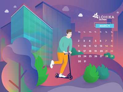 Calendar 2020 March 2020 alternative building calendar character city concept flat human illustration march scooter simple transport vector