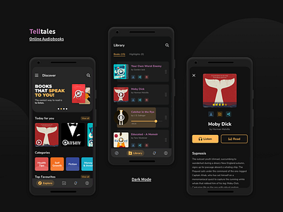 Telltales - Online Audiobook (Dark Mode) android app android app design application audiobooks dark mode interaction ui ux wireframes
