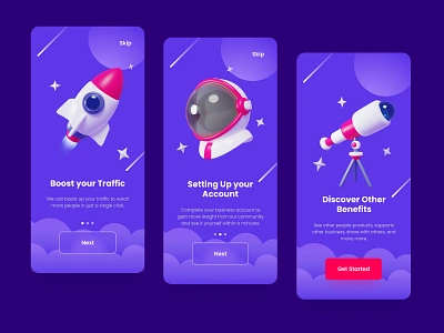 Space App 3D Icons Onboarding Screen 3d 3d icon 3d illustration astronout blender boost c4d cinema4d cycles eevee icon onboarding onboarding screen planet rocket space stars telescope ui welcome screen