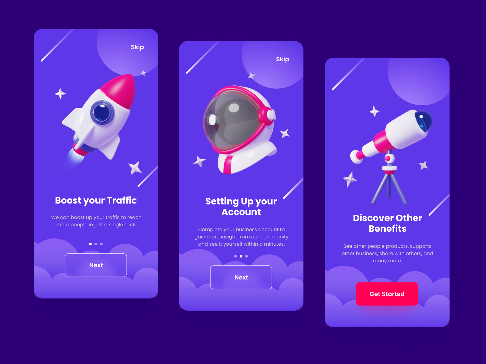 Space App 3D Icons Onboarding Screen