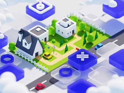 Virtual Neighborhood 3d 3d illustration 3d isometric blender blender 3d cars city cycles eevee environment house illustration isometric landscape neighborhood nft real estate smart house tech virtual