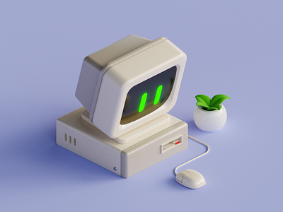 Cute Old PC & Mouse - 3D Illustration