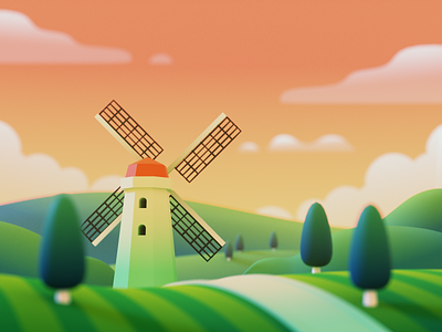 Sunset Windmill - 3D Illustration