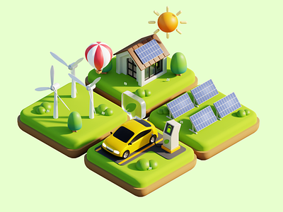 Eco Green Energy - 3D Illustration 3d 3d illustration 3d landing page blender charging station clean energy cycles eco eevee electric car green green energy green house illustration onboarding illustration solar energy solar panel uiux web wind turbine