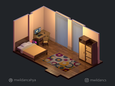 3D Isometric Low poly Bedroom (Night)