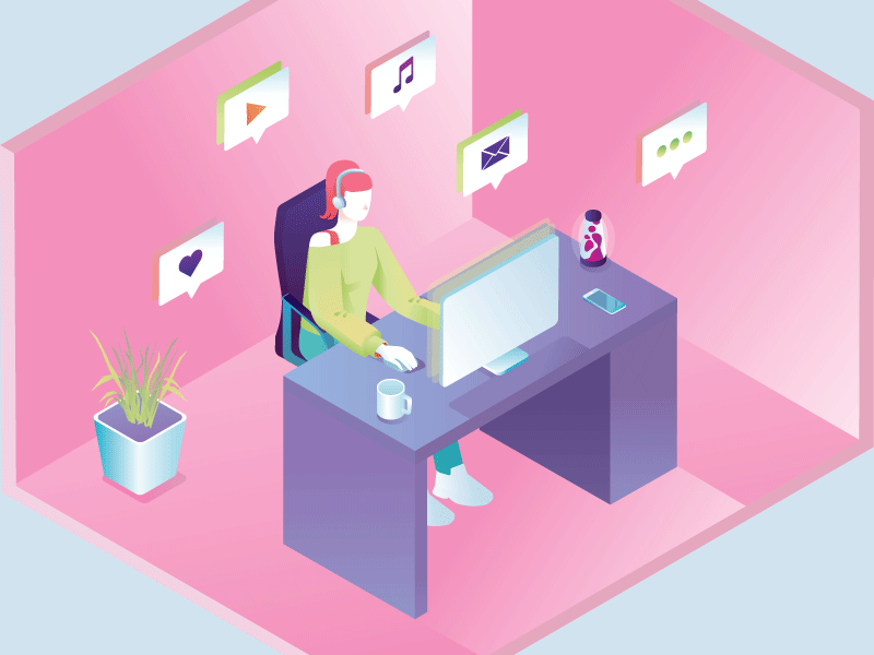 Workspace work place social activity email mail online girl gadgets computer communication man isometry illustration worker job work bubble people