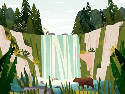 Forest adventure travel illustration bear forest plant waterfall 插图