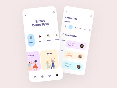 Dance Tutorials appointment cards cards design cards ui clean dance dancing flat health illustration interface ios learning minimal mobile app people teacher trend typogaphy ui