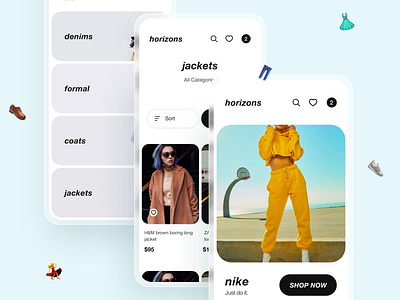 Horizons Shopping App blur cart categories clean ui concept design ecommerce gradient illustration interface ios minimal mobile app mobile ui nike shop ui