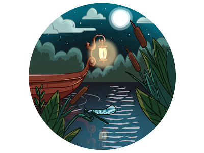 Midsummer night's dream boat drawing illustration lake moon night romantic summer